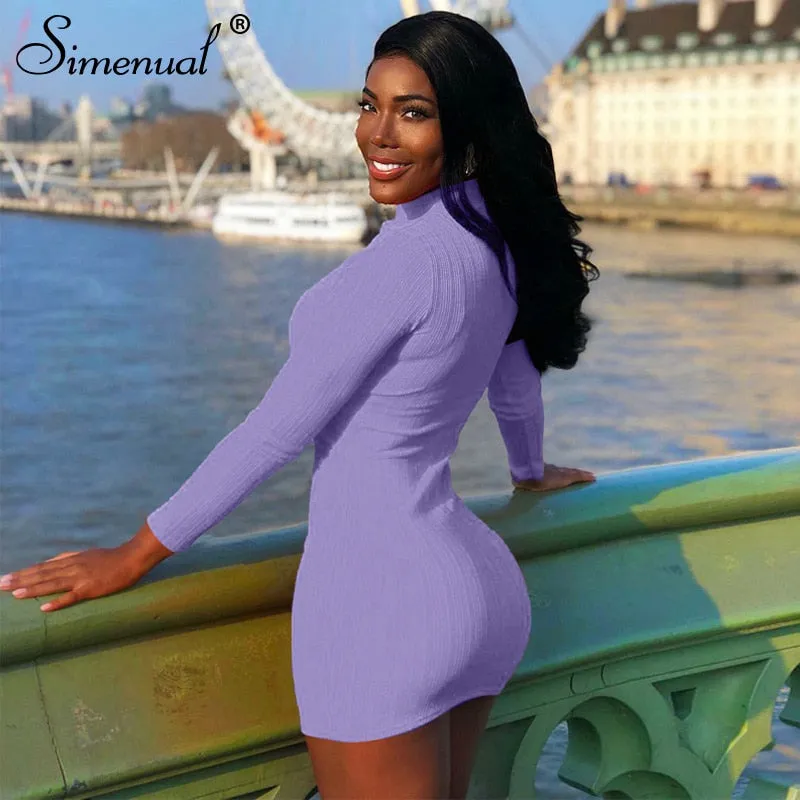 Simenual Rippen Stricken Rollkragen Herbst Mini Kleid Frauen Lange Hülse Mode 2020 Sexy Party Bodycon Clubwear Kleider Dünne