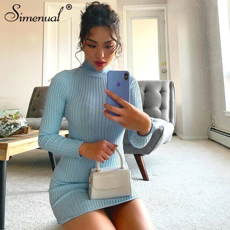Simenual Rippen Stricken Rollkragen Herbst Mini Kleid Frauen Lange Hülse Mode 2020 Sexy Party Bodycon Clubwear Kleider Dünne