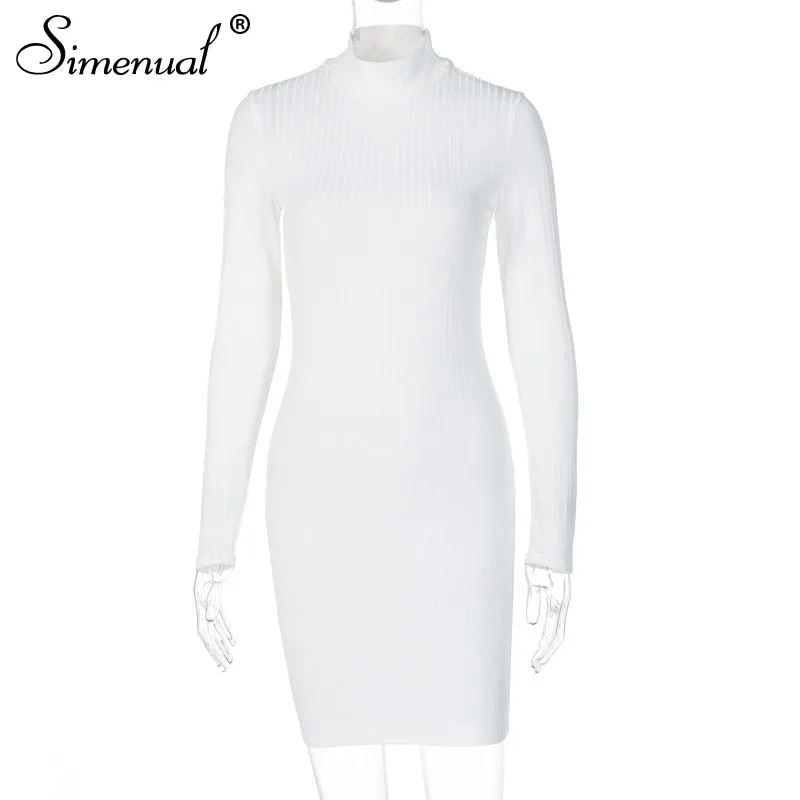 Simenual Rippen Stricken Rollkragen Herbst Mini Kleid Frauen Lange Hülse Mode 2020 Sexy Party Bodycon Clubwear Kleider Dünne