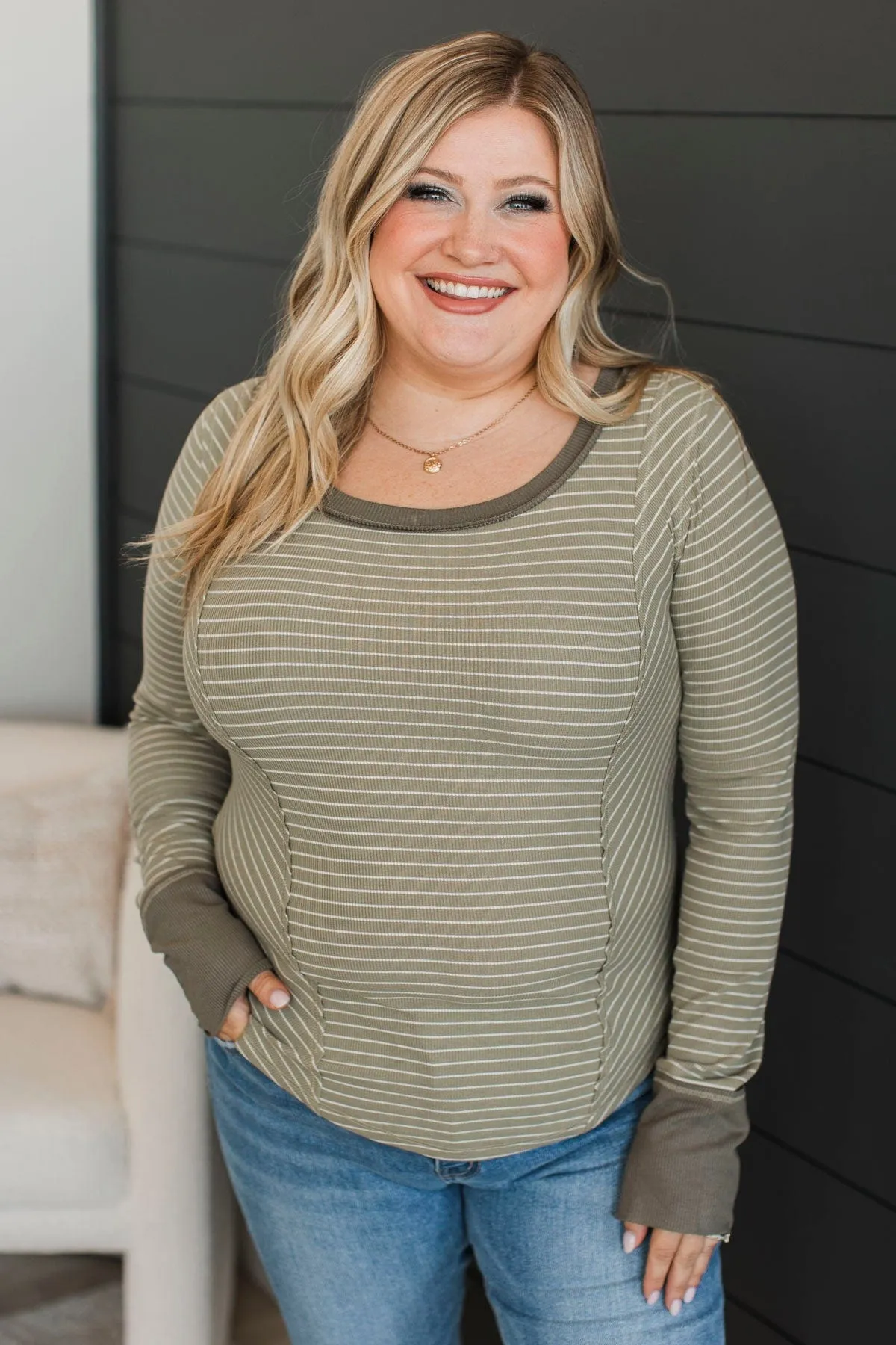 Simply Compelling Striped Top- Olive