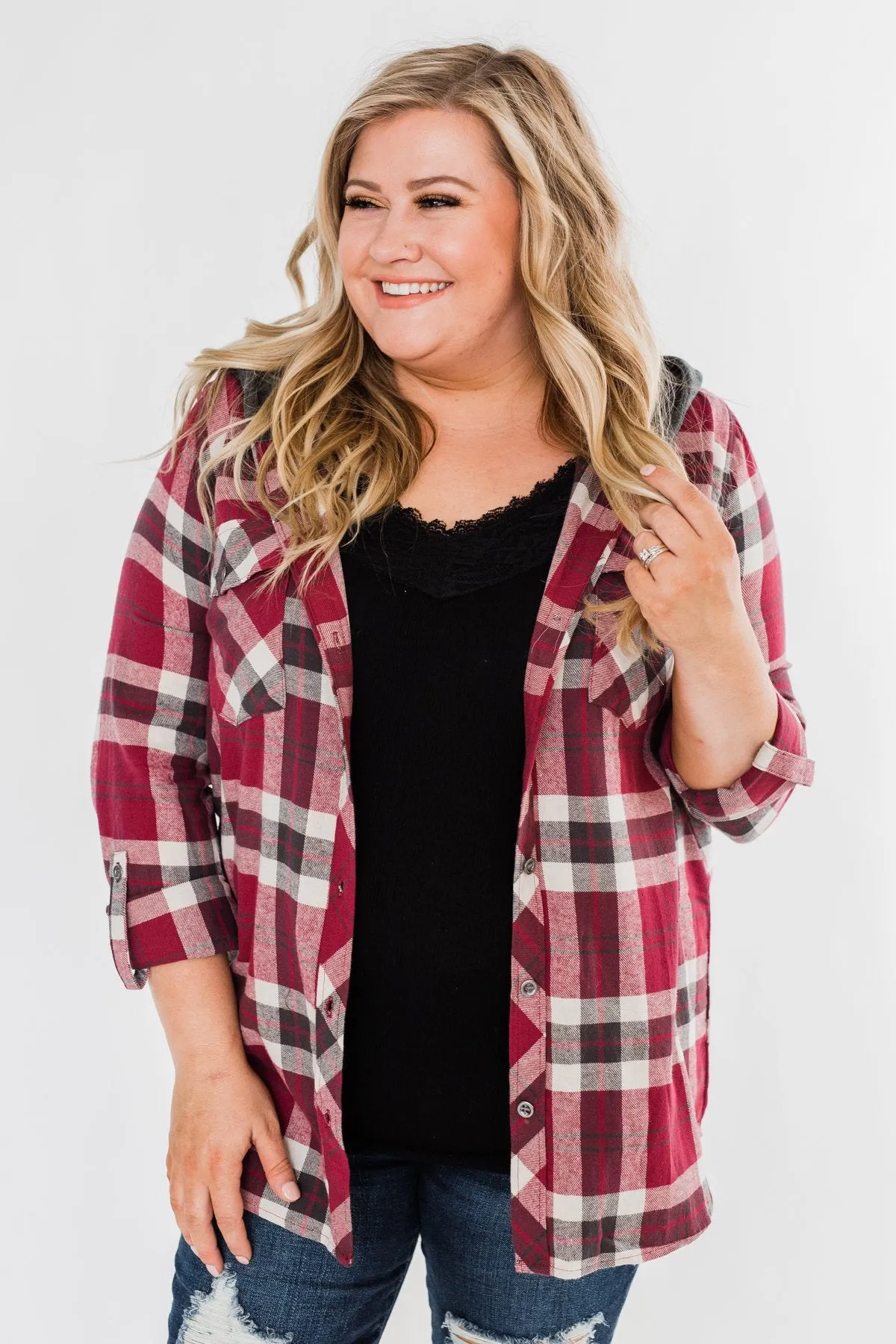 So Long To You Plaid Hooded Top- Dark Berry