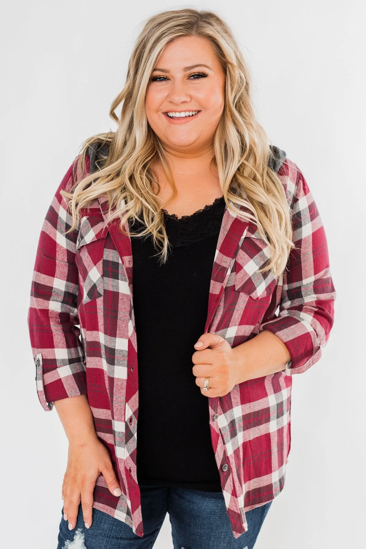 So Long To You Plaid Hooded Top- Dark Berry