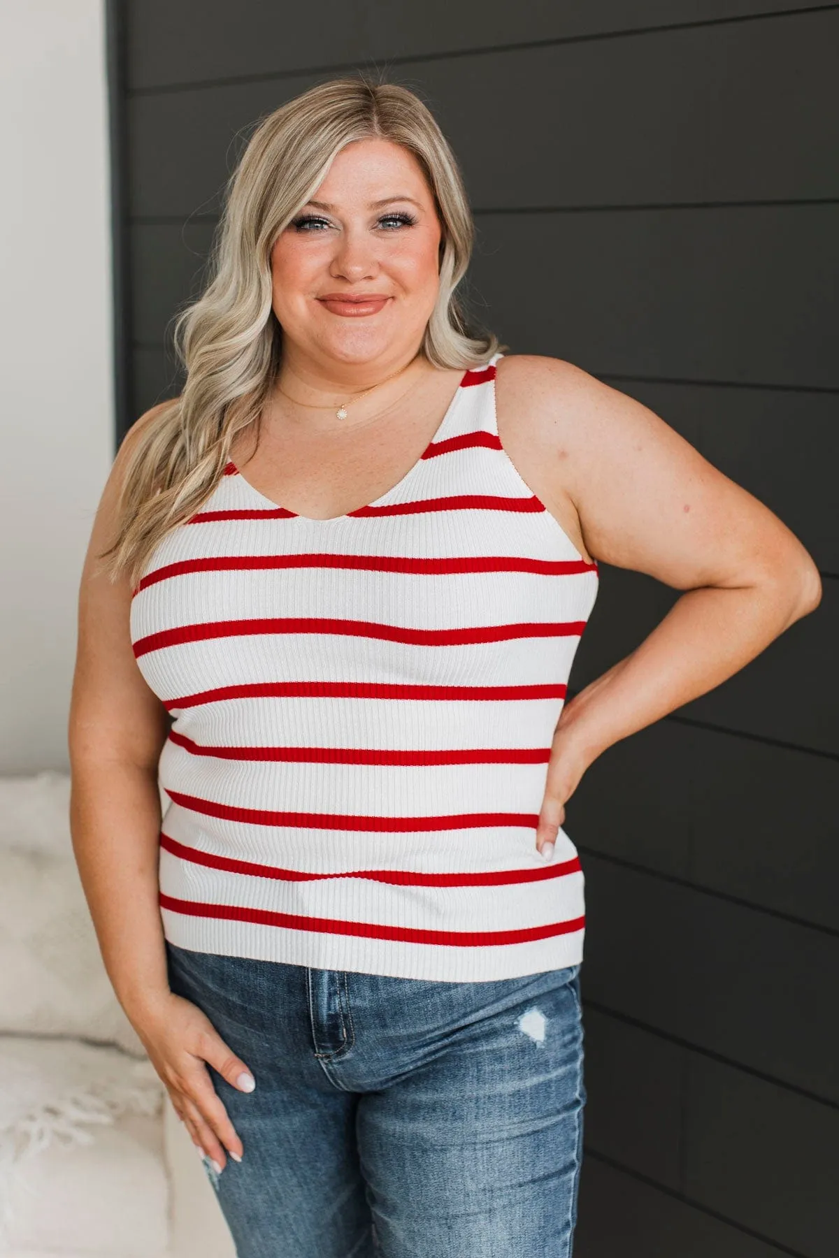 Soaking Up Sunshine Striped Tank Top- Ivory & Red
