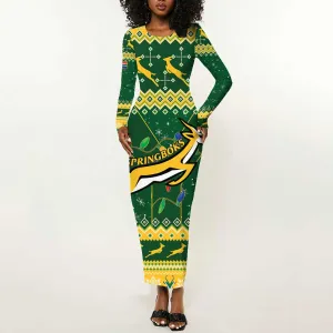South Africa Christmas Rugby Long Sleeve Bodycon Dress Springboks Geseende Kersfees LT15