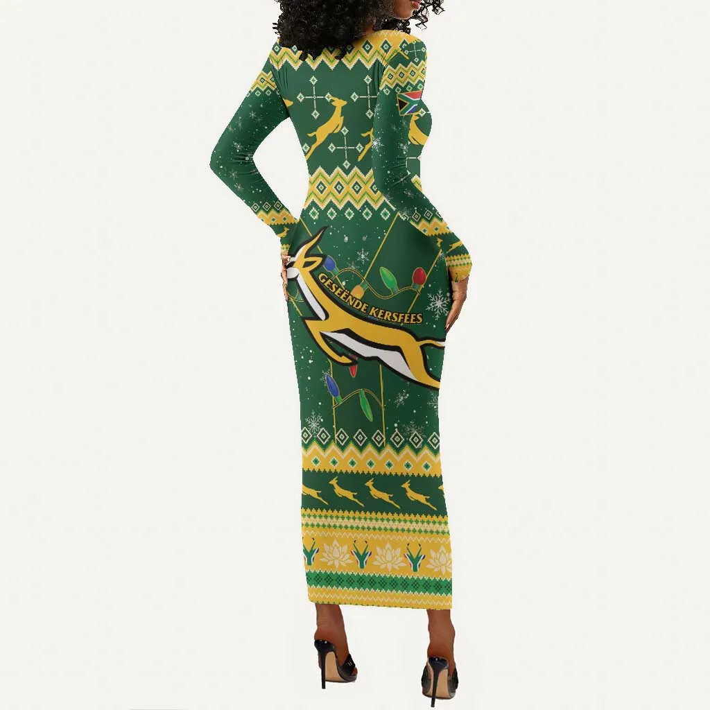 South Africa Christmas Rugby Long Sleeve Bodycon Dress Springboks Geseende Kersfees LT15
