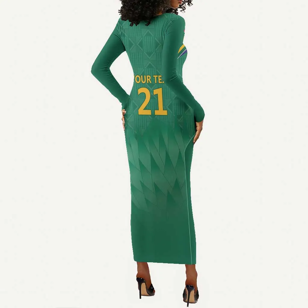 South Africa Cricket Custom Long Sleeve Bodycon Dress African King Proteas Green LT9
