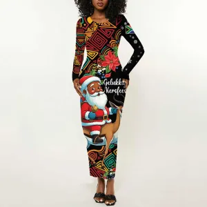 South Africa Gelukkige Kersfees Long Sleeve Bodycon Dress Black Santa Claus Riding Springbok LT01