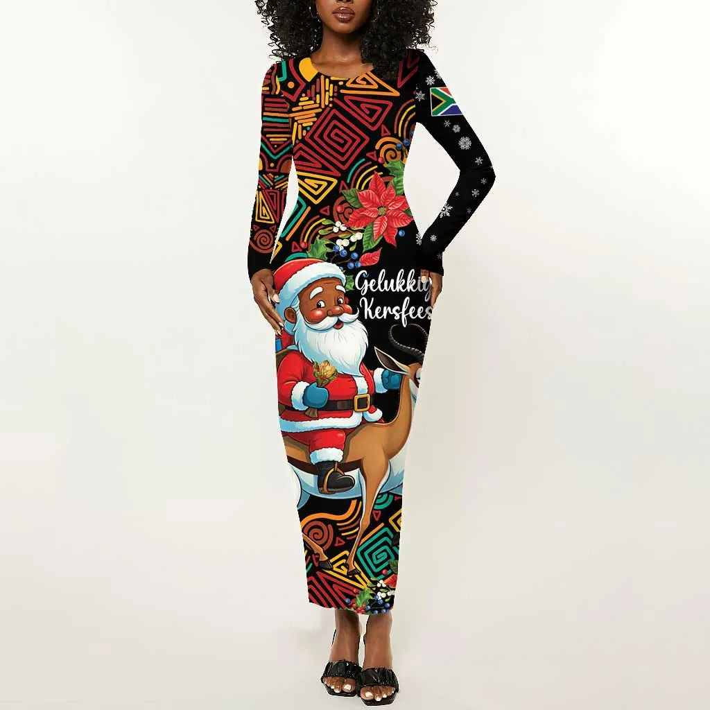 South Africa Gelukkige Kersfees Long Sleeve Bodycon Dress Black Santa Claus Riding Springbok LT01