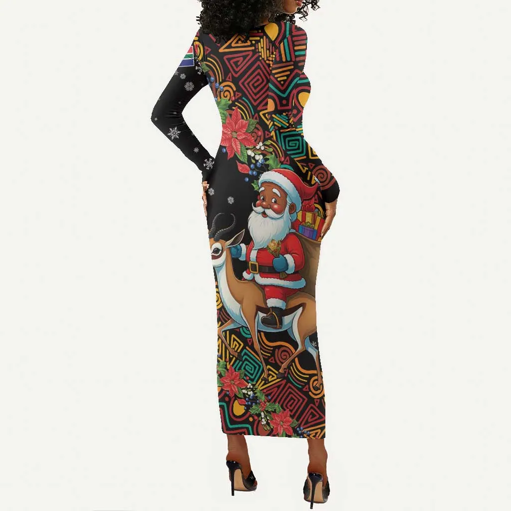 South Africa Gelukkige Kersfees Long Sleeve Bodycon Dress Black Santa Claus Riding Springbok LT01