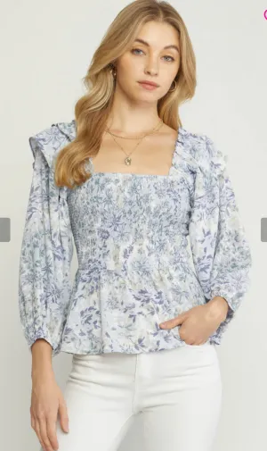 SPRING BLUE FLORAL PEPLUM TOP