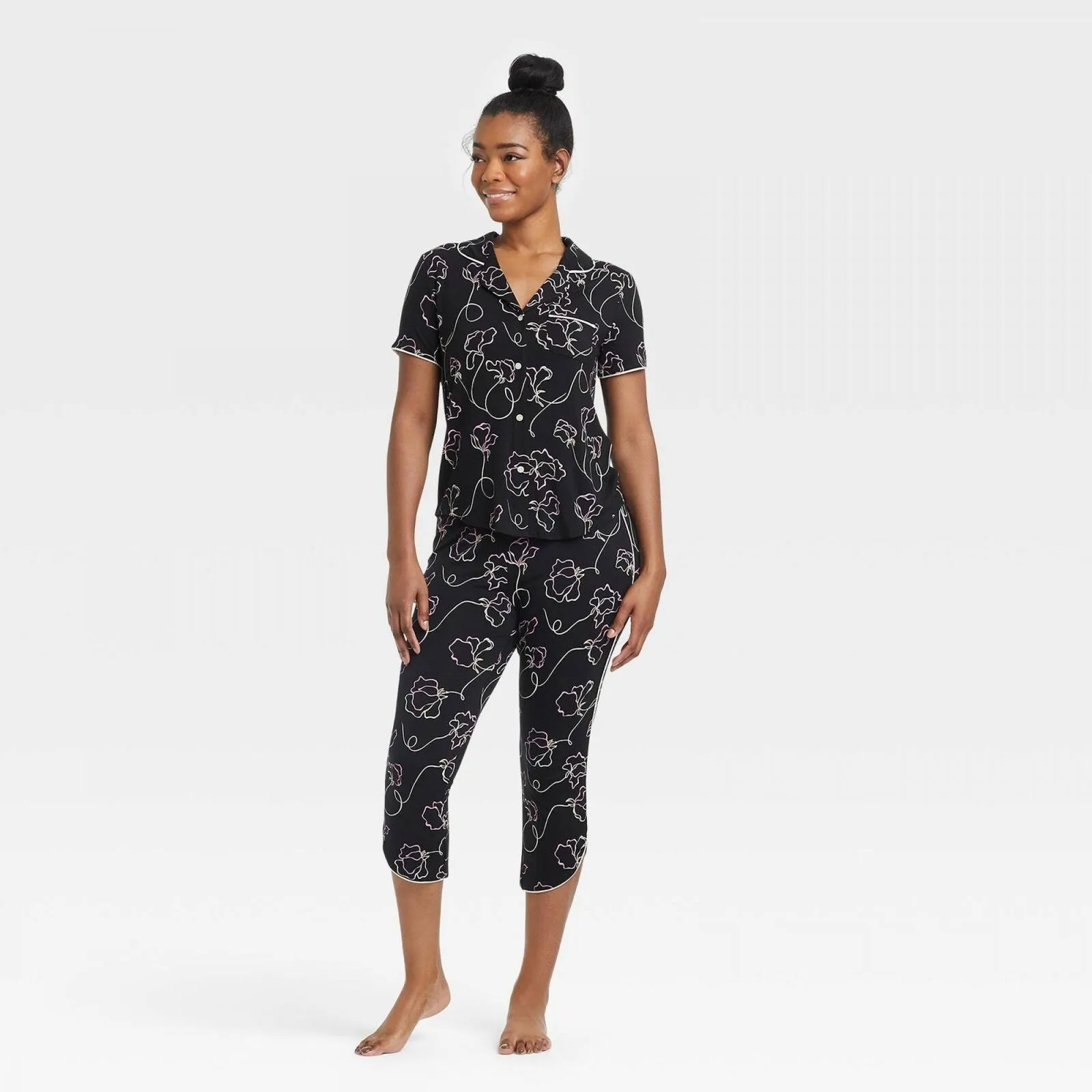 Stars Above Womens Beautifully Soft Floral Print Collar Cropped Pajama Set 31KM8