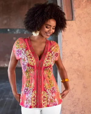 Status Printed Drawstring Knit Top Orange Multi