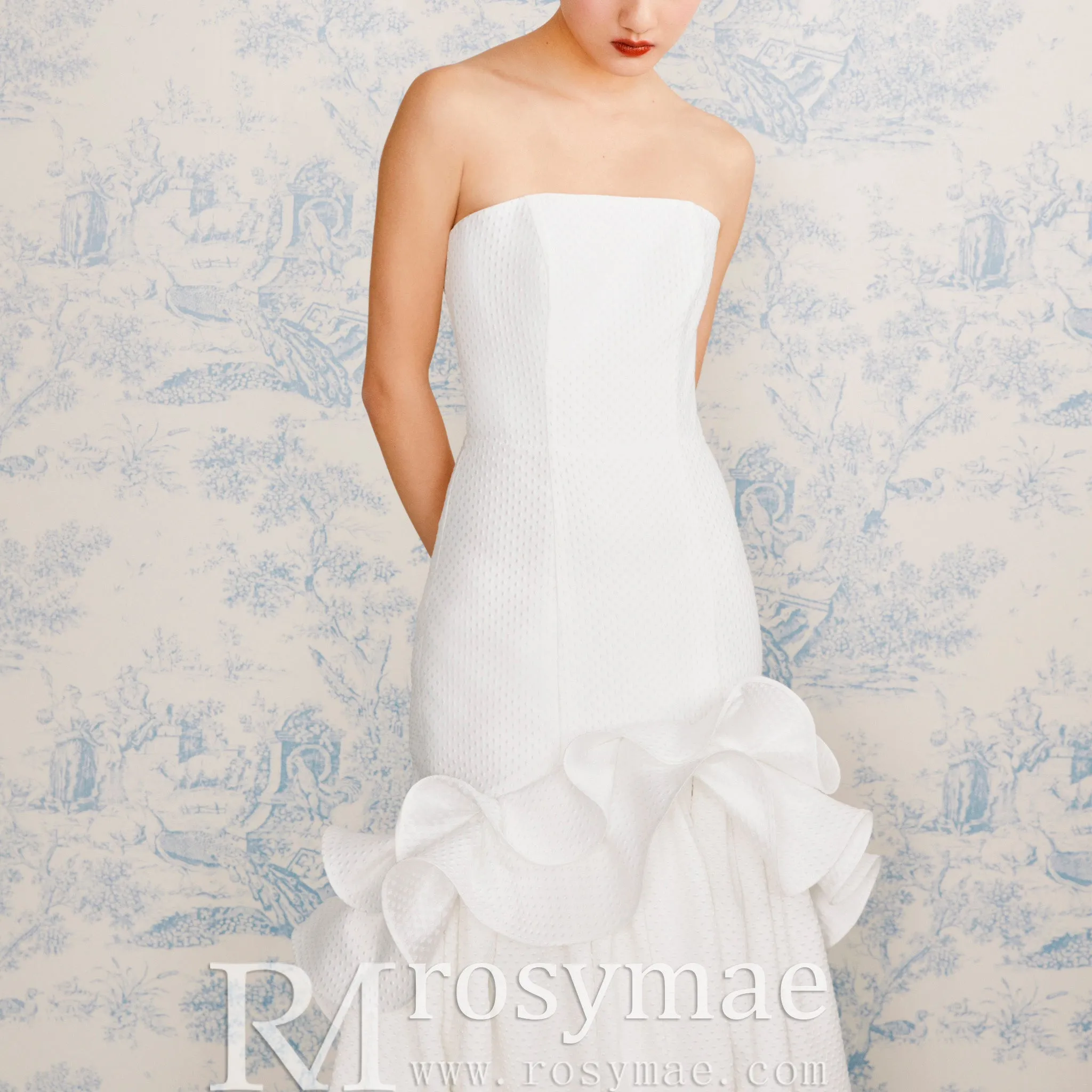 Strapless Straight Neck Mermaid Wedding Dress with Ruffled