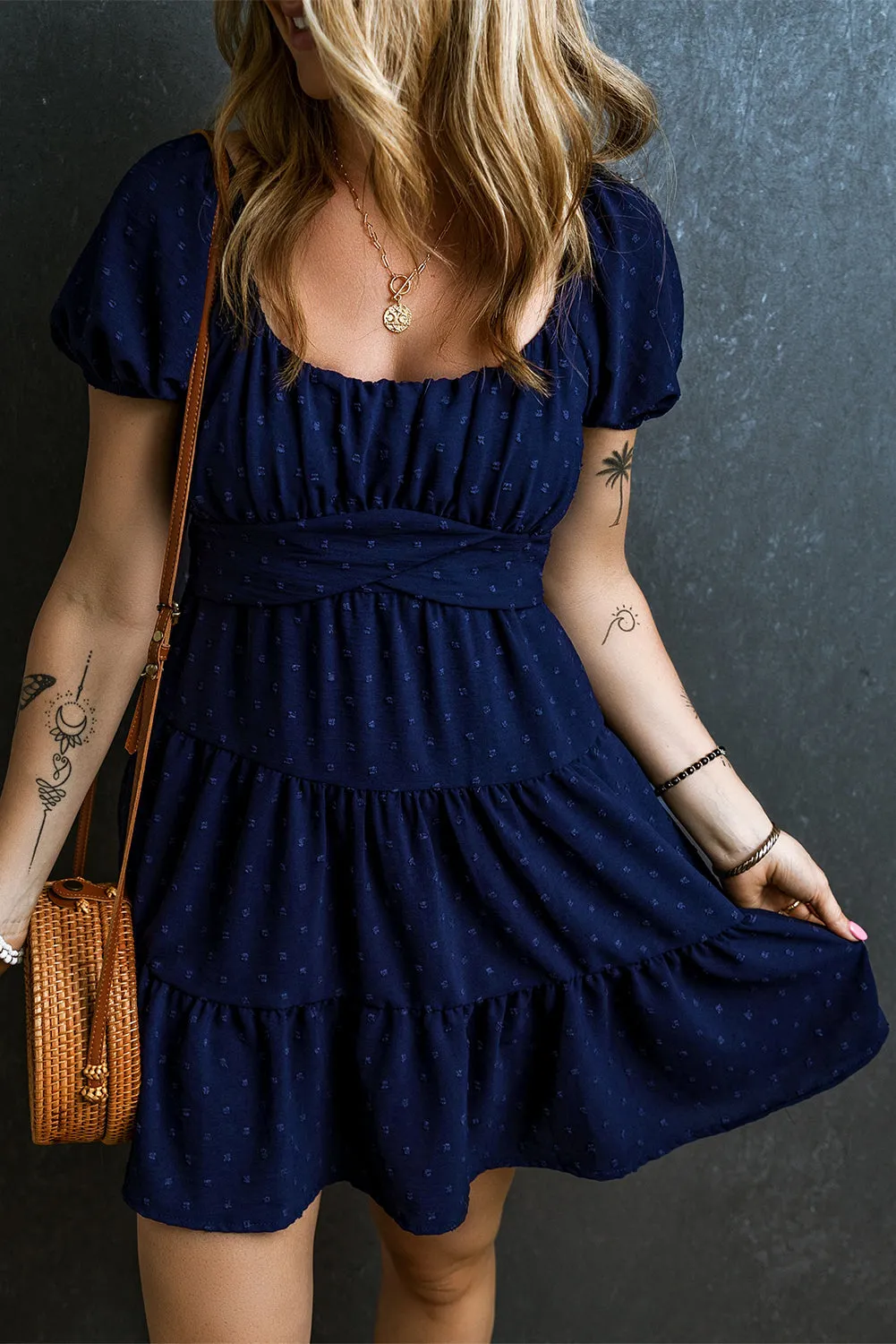 Swiss Dot Jacquard Tied Tiered Dress