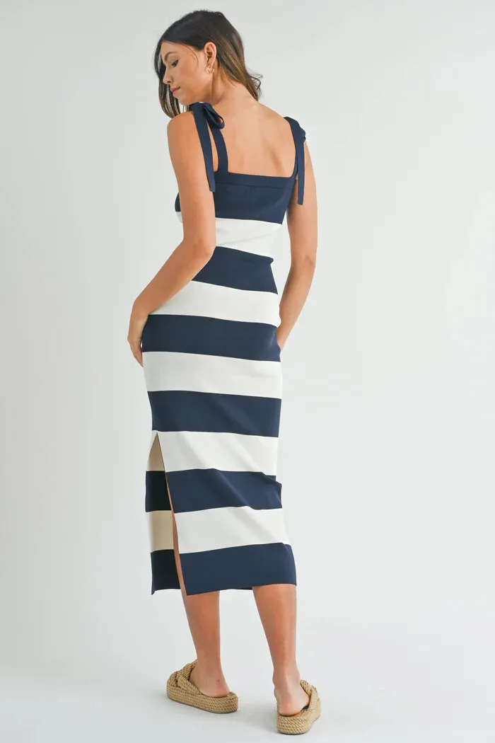 Syrah Bow Stripe Maxi Dress: Navy/White