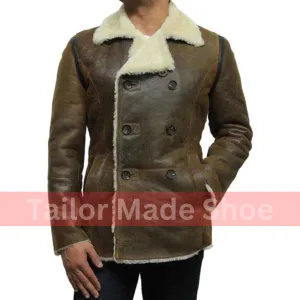 Tailor Made Men's Genuine Olive Sheepskin Leather Warm Duffle Trench Coat