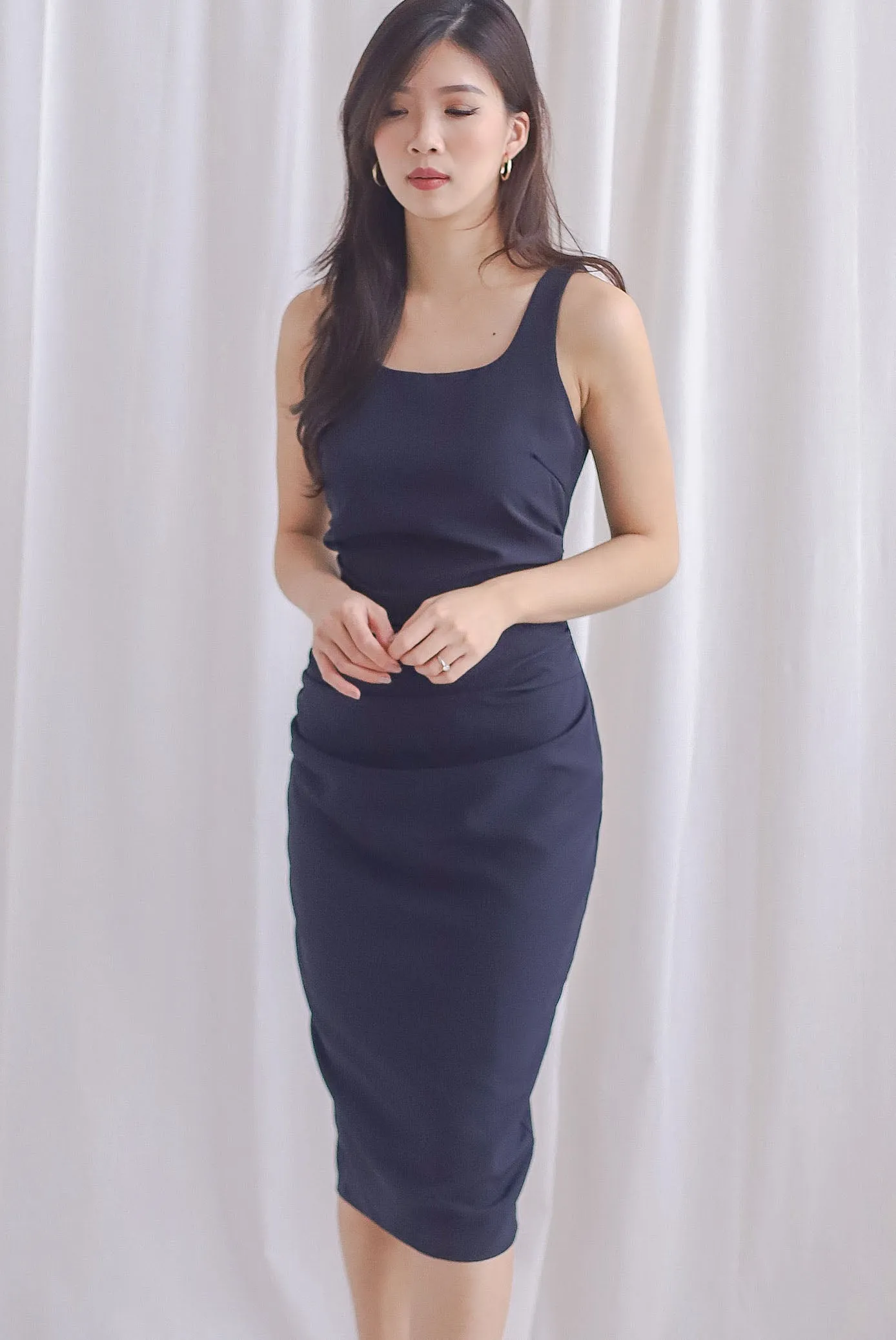 TDC Acelynn Drape Bodycon Work Dress In Midnight Blue