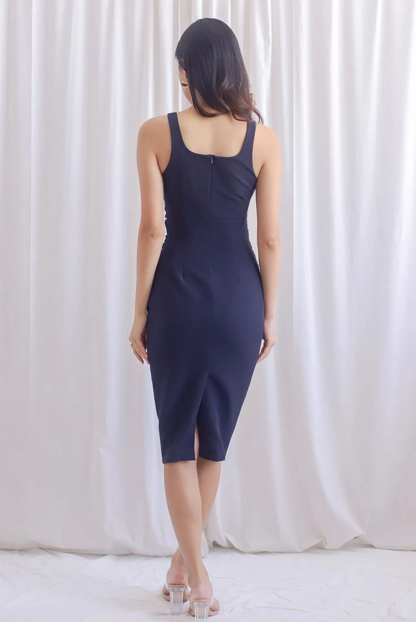 TDC Acelynn Drape Bodycon Work Dress In Midnight Blue