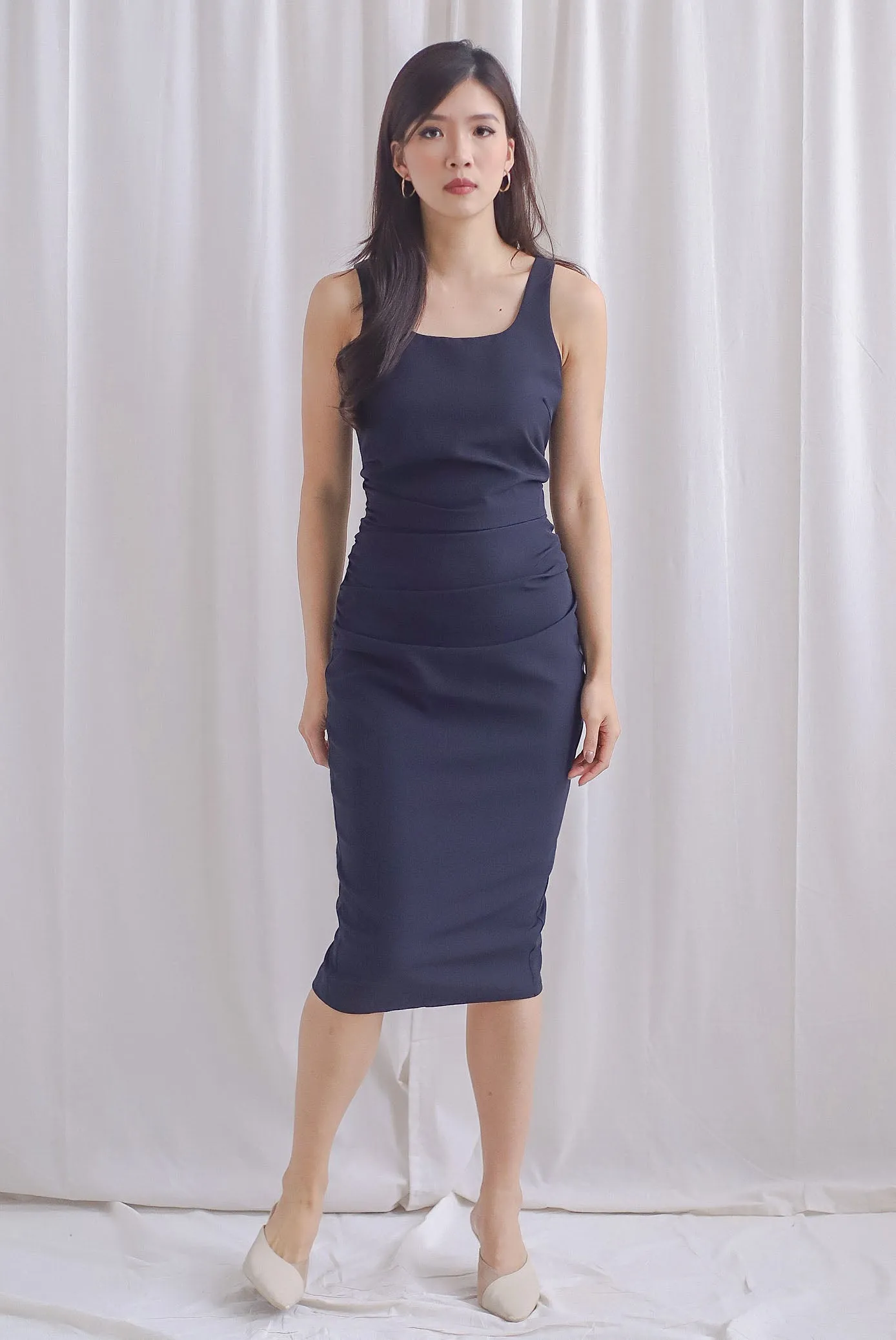 TDC Acelynn Drape Bodycon Work Dress In Midnight Blue