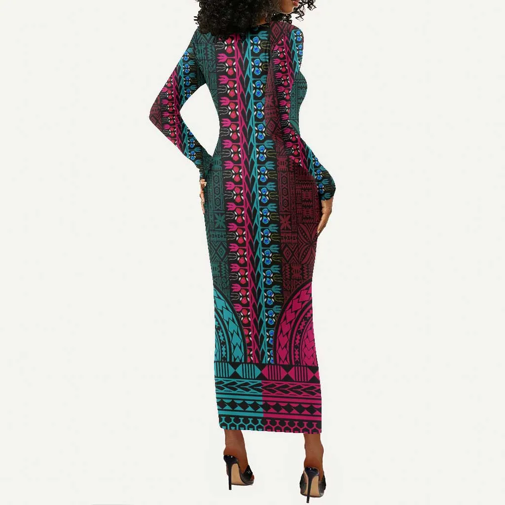 Teal-pink Dashiki and Tapa Pattern Long Sleeve Bodycon Dress Africa-Polynesia Together Culture LT9