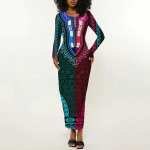 Teal-pink Dashiki and Tapa Pattern Long Sleeve Bodycon Dress Africa-Polynesia Together Culture LT9