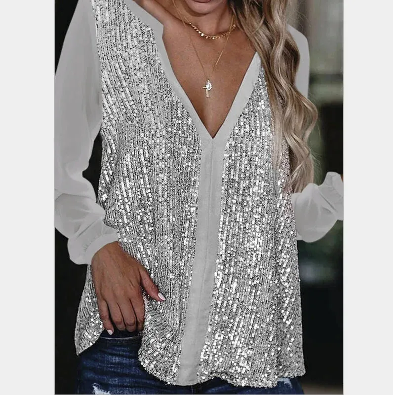Vera | Loose-fitting Blouse with V-Neck and Sequins for Women