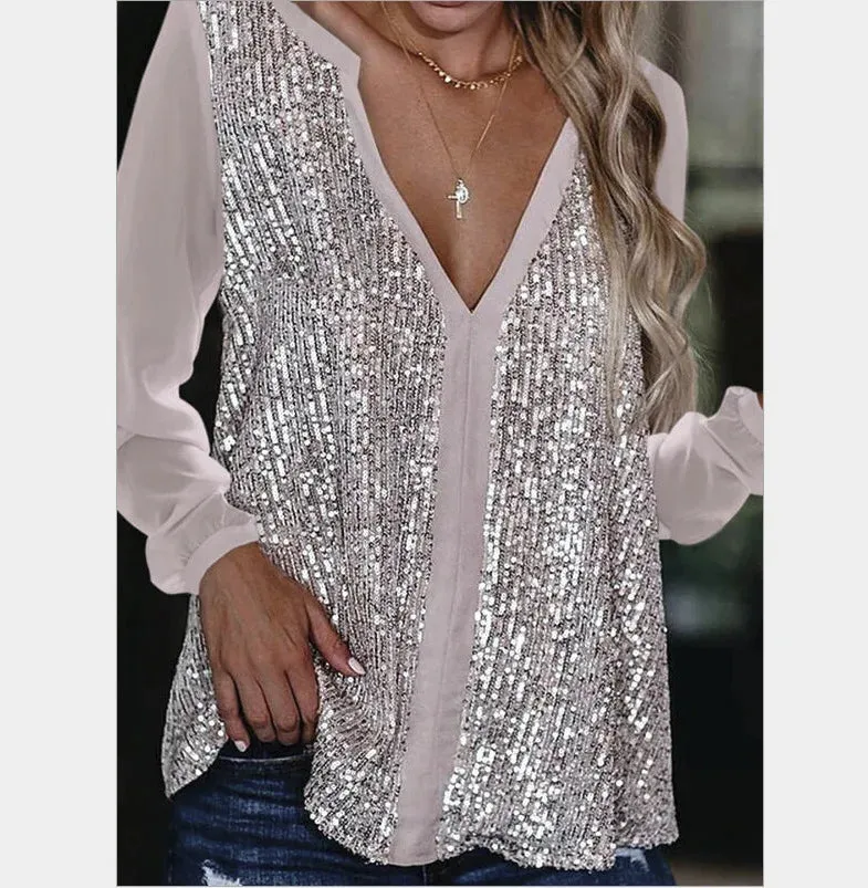 Vera | Loose-fitting Blouse with V-Neck and Sequins for Women
