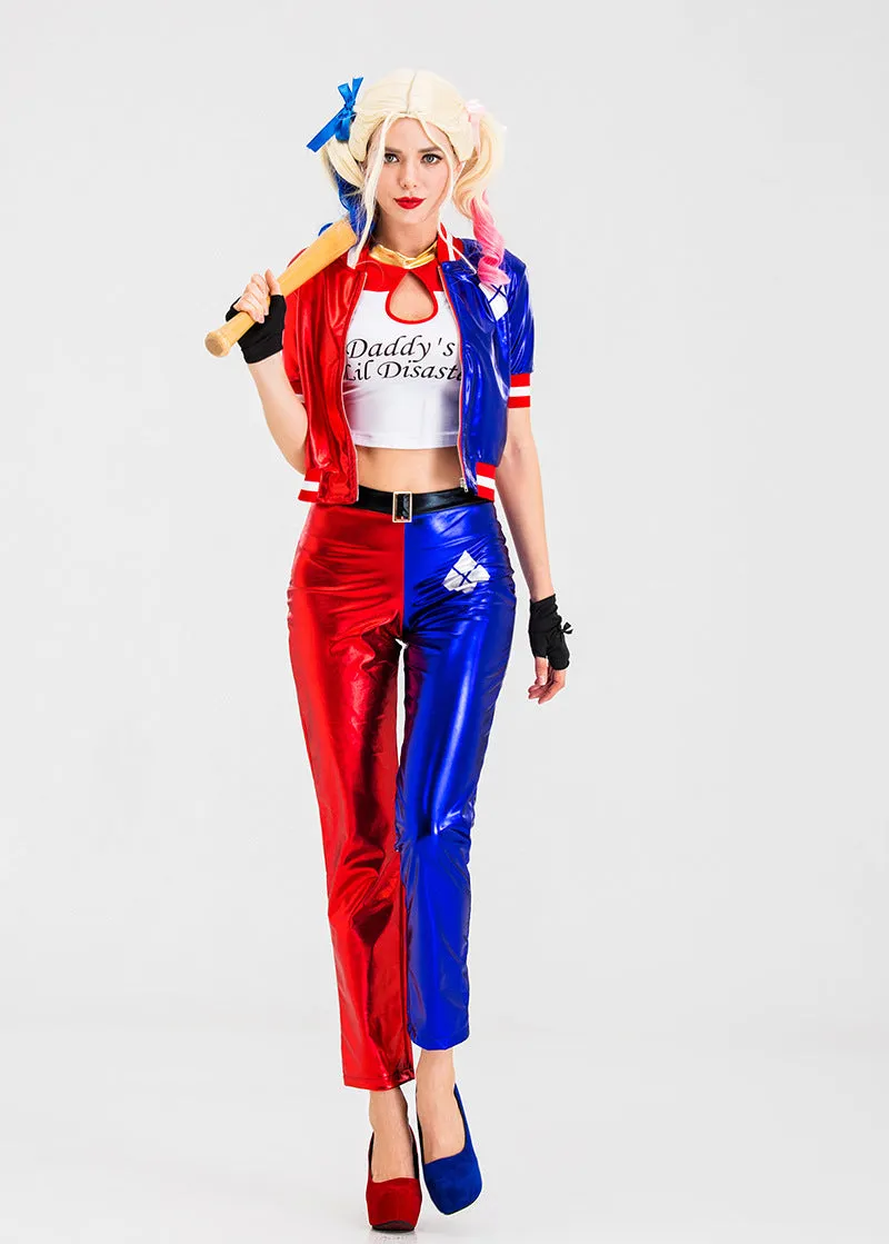 Vibrant Red and Blue Cosplay Costume with Metallic Shine