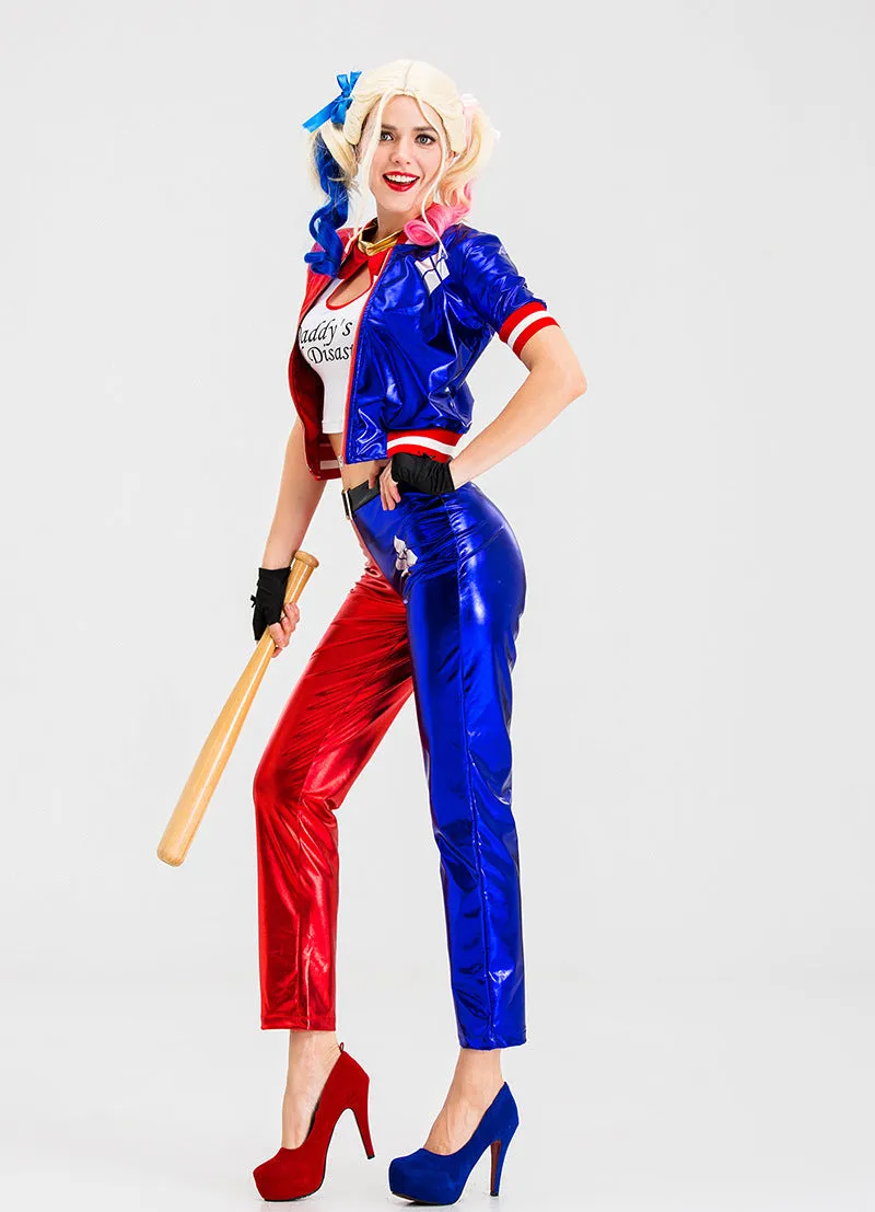 Vibrant Red and Blue Cosplay Costume with Metallic Shine