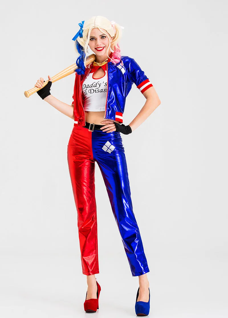 Vibrant Red and Blue Cosplay Costume with Metallic Shine