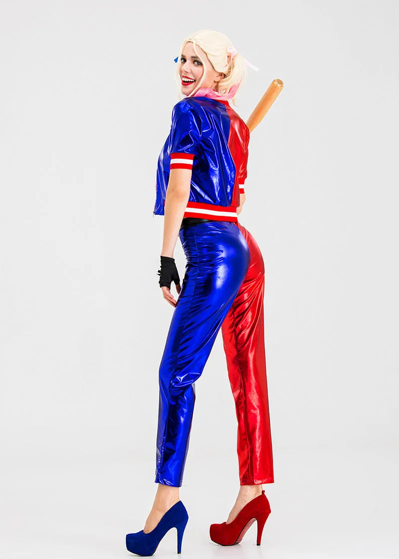 Vibrant Red and Blue Cosplay Costume with Metallic Shine