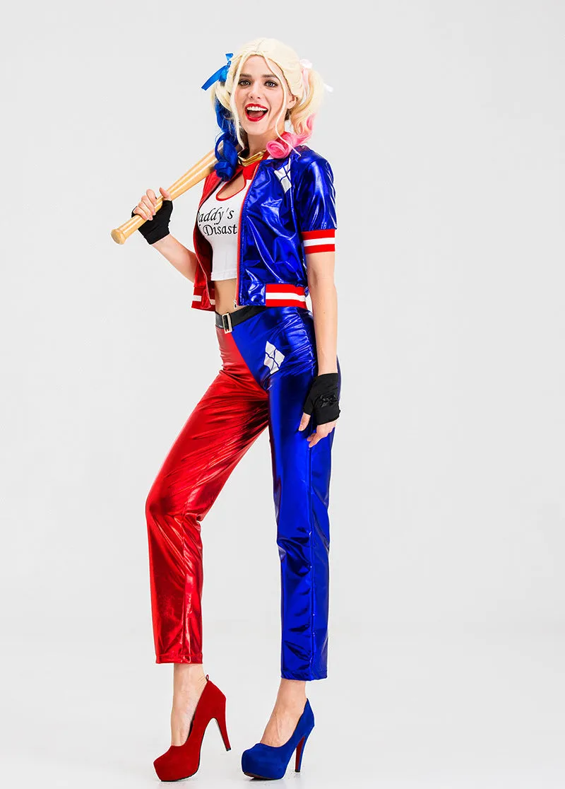 Vibrant Red and Blue Cosplay Costume with Metallic Shine