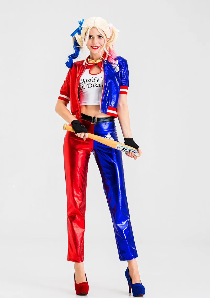 Vibrant Red and Blue Cosplay Costume with Metallic Shine