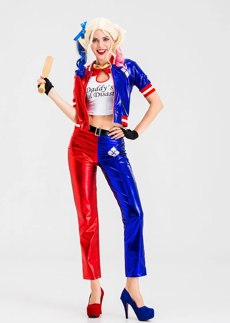 Vibrant Red and Blue Cosplay Costume with Metallic Shine