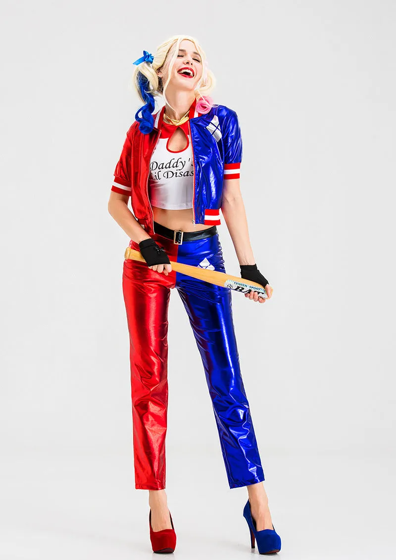 Vibrant Red and Blue Cosplay Costume with Metallic Shine