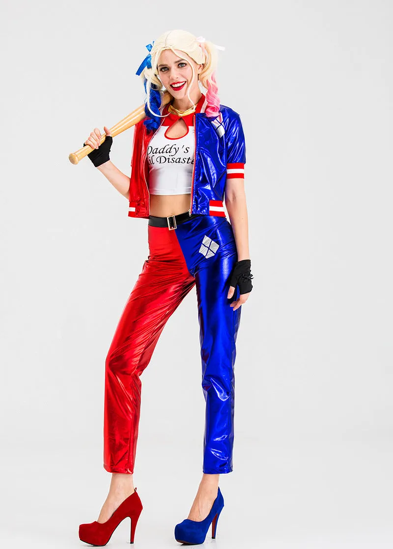 Vibrant Red and Blue Cosplay Costume with Metallic Shine