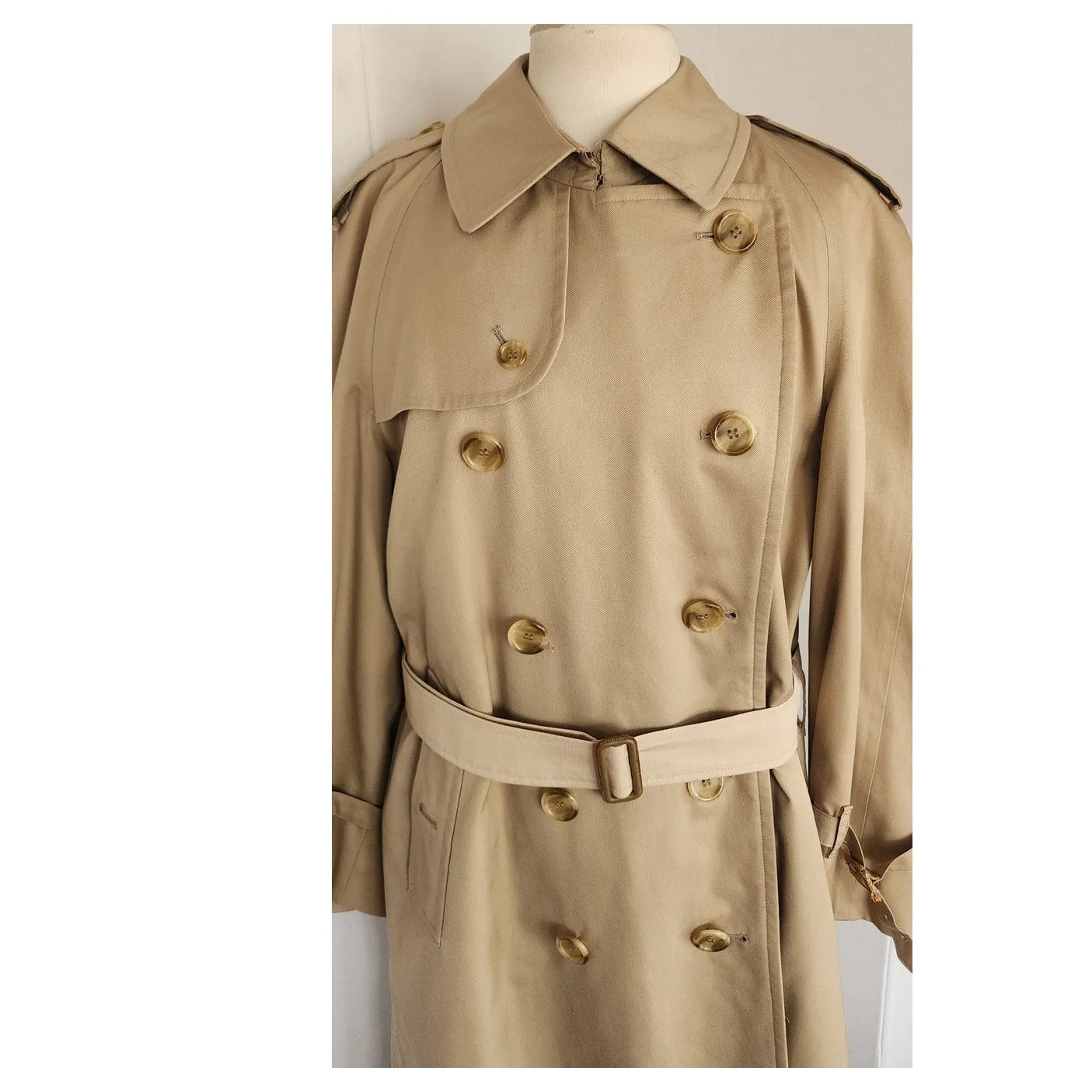 Vintage 80s Womens Burberrys Coat Beige Trench w/Wool Plaid Liner