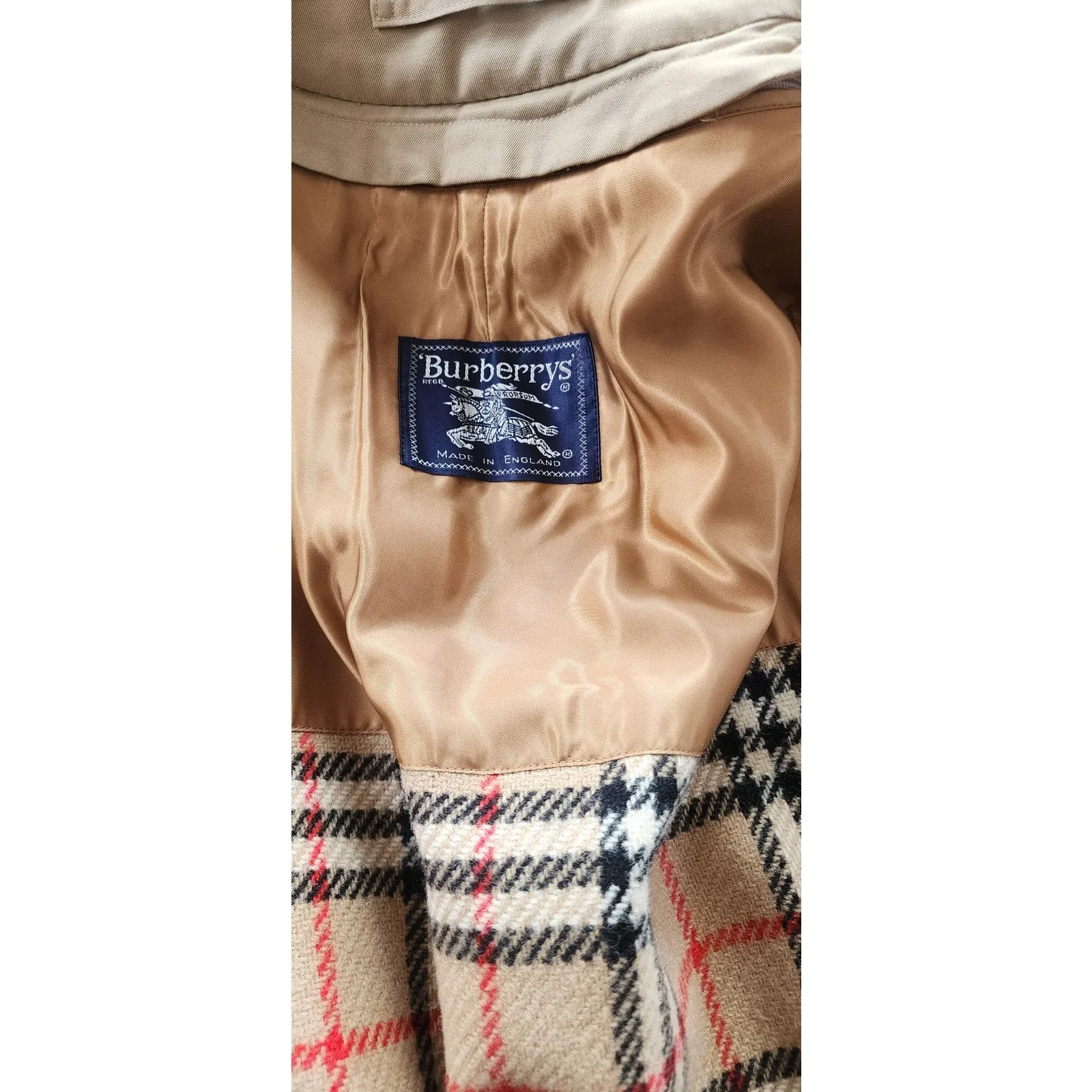 Vintage 80s Womens Burberrys Coat Beige Trench w/Wool Plaid Liner