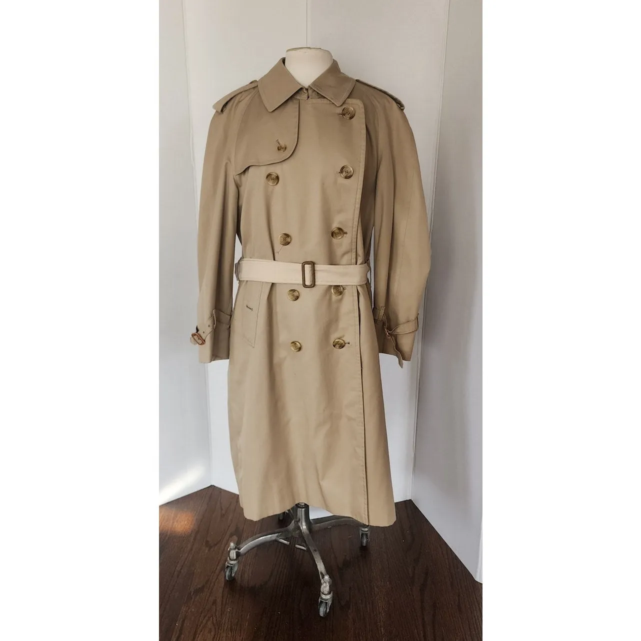 Vintage 80s Womens Burberrys Coat Beige Trench w/Wool Plaid Liner