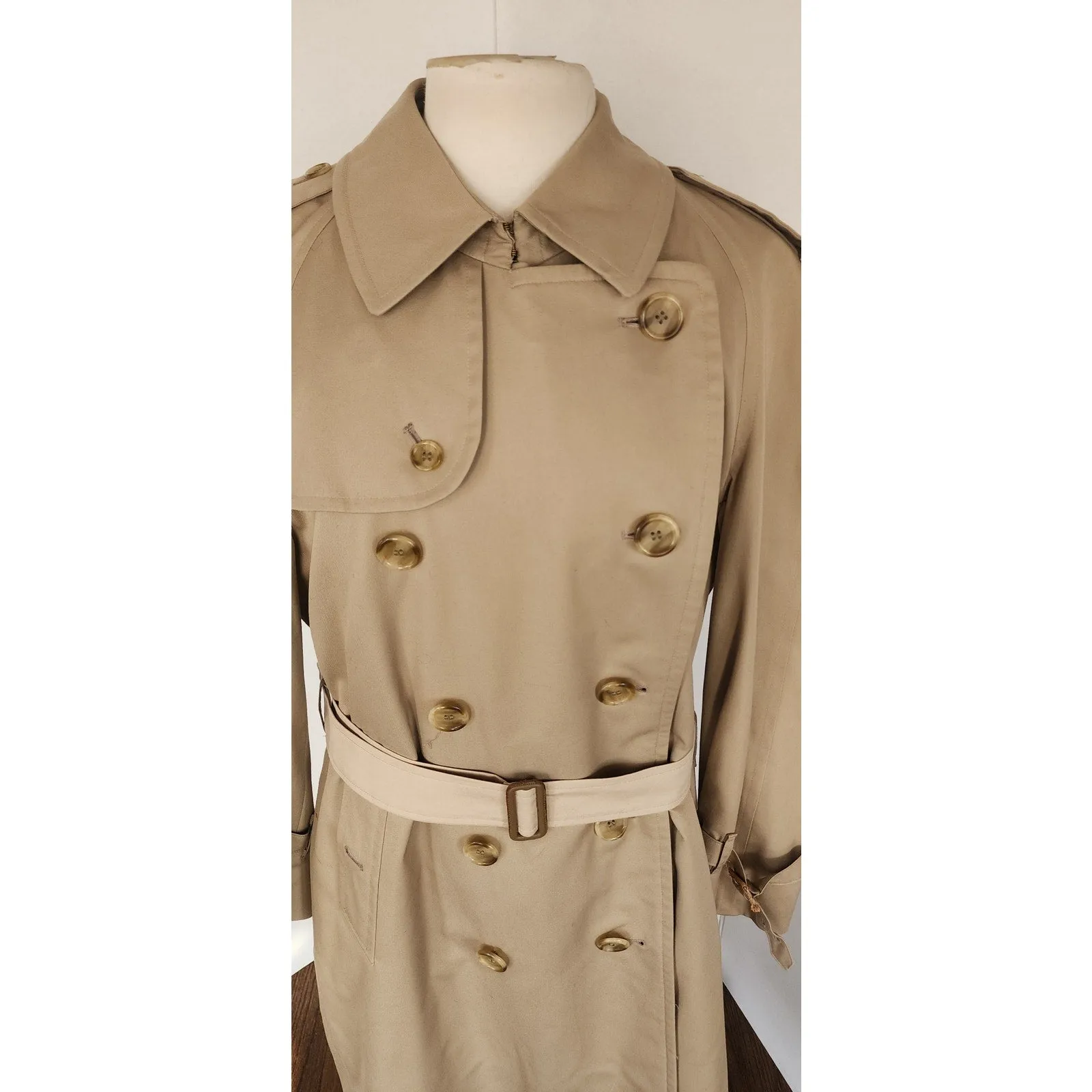 Vintage 80s Womens Burberrys Coat Beige Trench w/Wool Plaid Liner