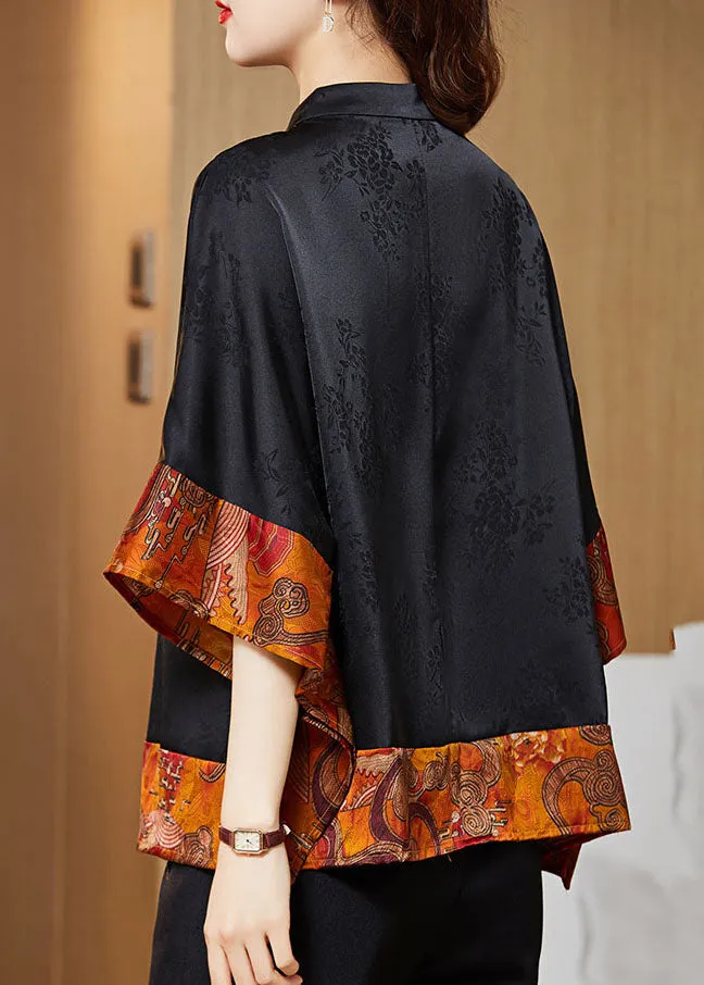 Vintage Mandarin Collar Asymmetric Patchwork Jacquard Silk Black Shirt Dolman Sleeves