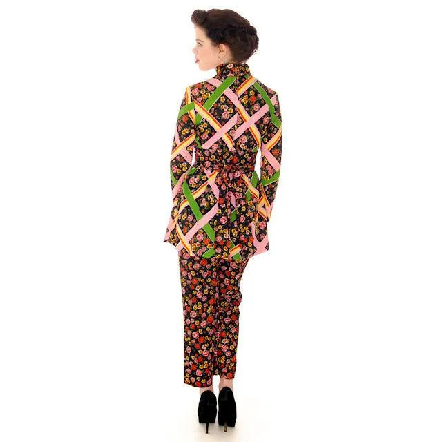 Vintage Pantsuit Polyester Black & Bright Print 1970s S-M