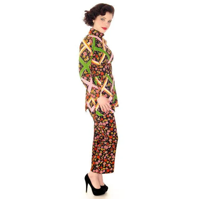 Vintage Pantsuit Polyester Black & Bright Print 1970s S-M