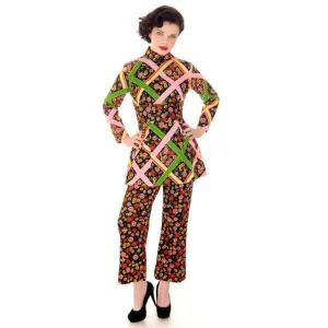 Vintage Pantsuit Polyester Black & Bright Print 1970s S-M