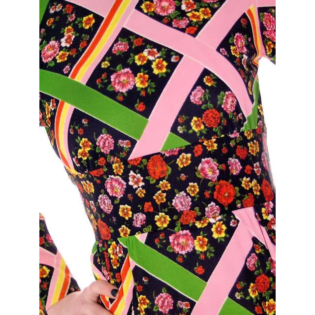 Vintage Pantsuit Polyester Black & Bright Print 1970s S-M