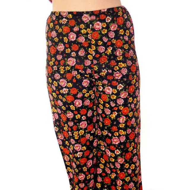 Vintage Pantsuit Polyester Black & Bright Print 1970s S-M