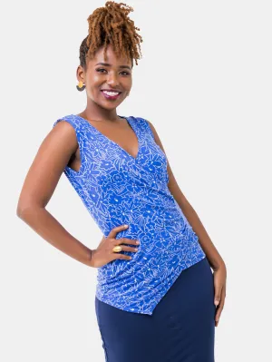 Vivo Abby Asymmetric Side Pleat Top - Blue Print(Special Offer)