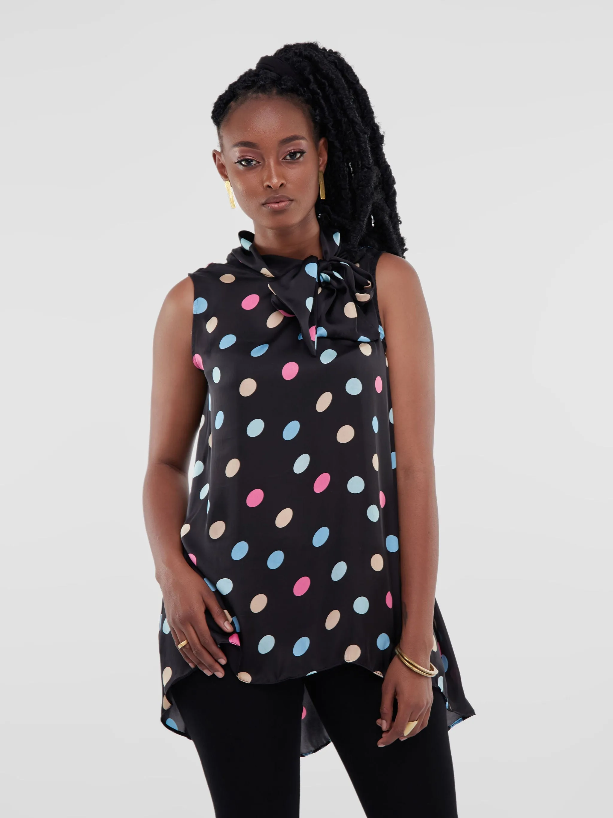Vivo Bissa High Low Sleeveless Top - Polka Dot Print