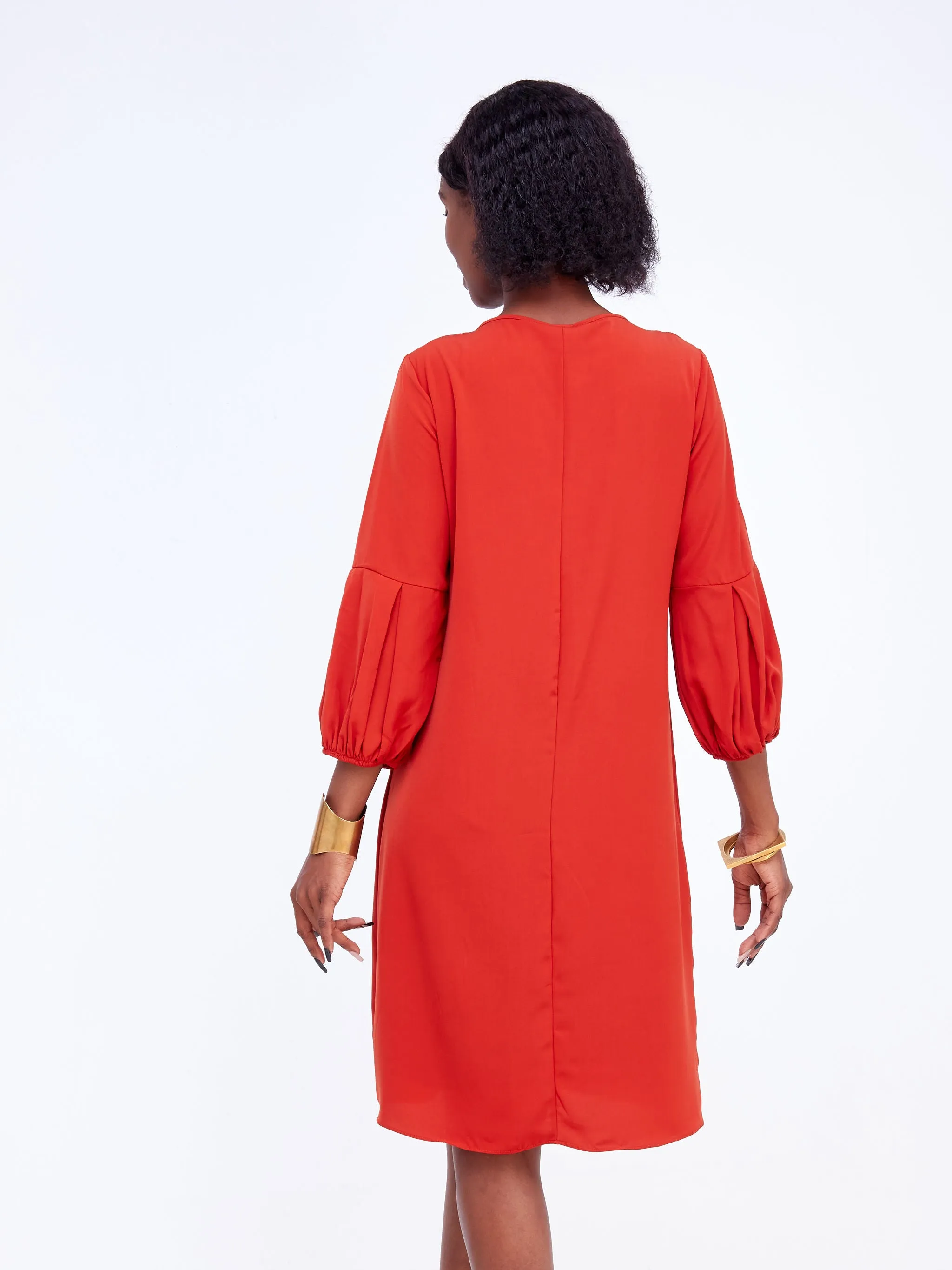 Vivo Imali Bishop Sleeve V-Neck Tie Shift Dress - Rust