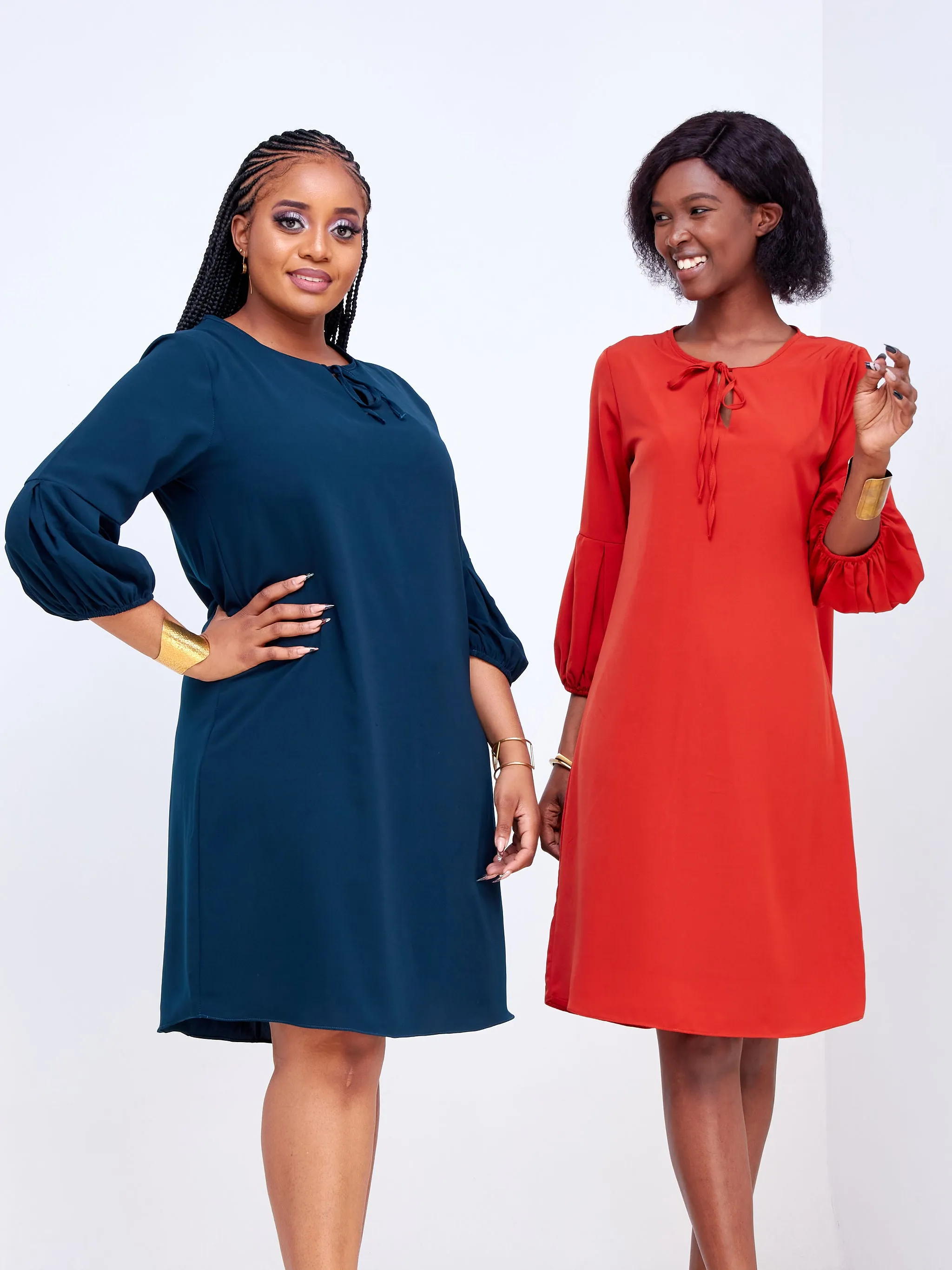 Vivo Imali Bishop Sleeve V-Neck Tie Shift Dress - Rust
